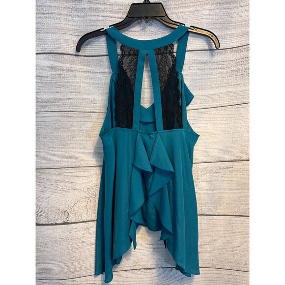 NWT BCBGeneration Teal Ruffled Sleeveless Blouse with Lace Back Size M - Picture 2 of 3